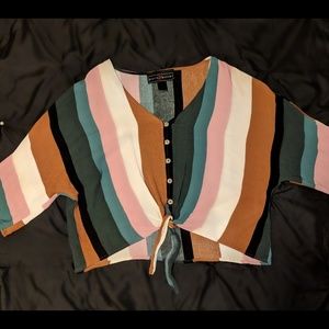 Polly and Esther Kimono Striped Tie Front Top